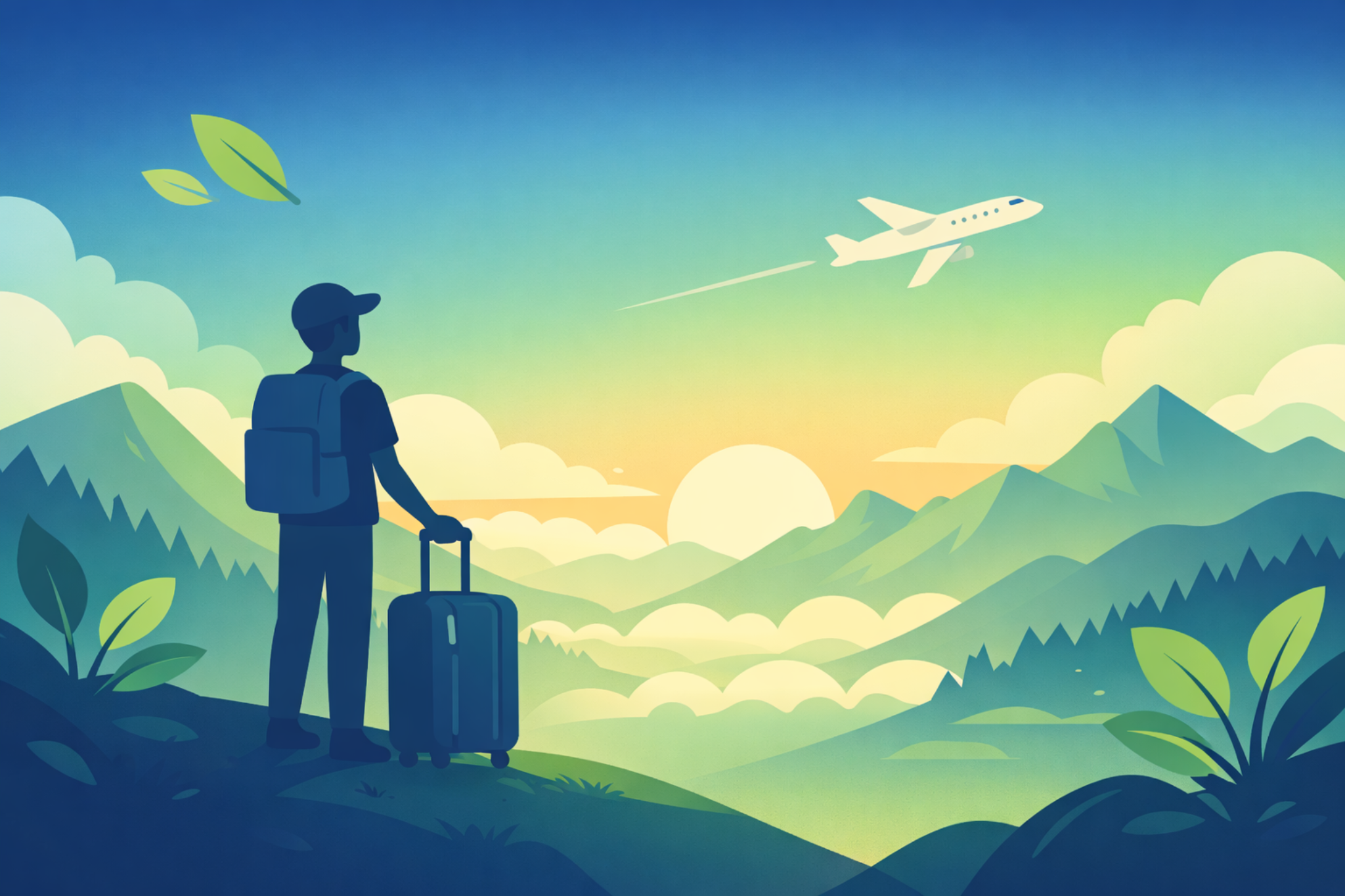 Traveler with mountains and plane
